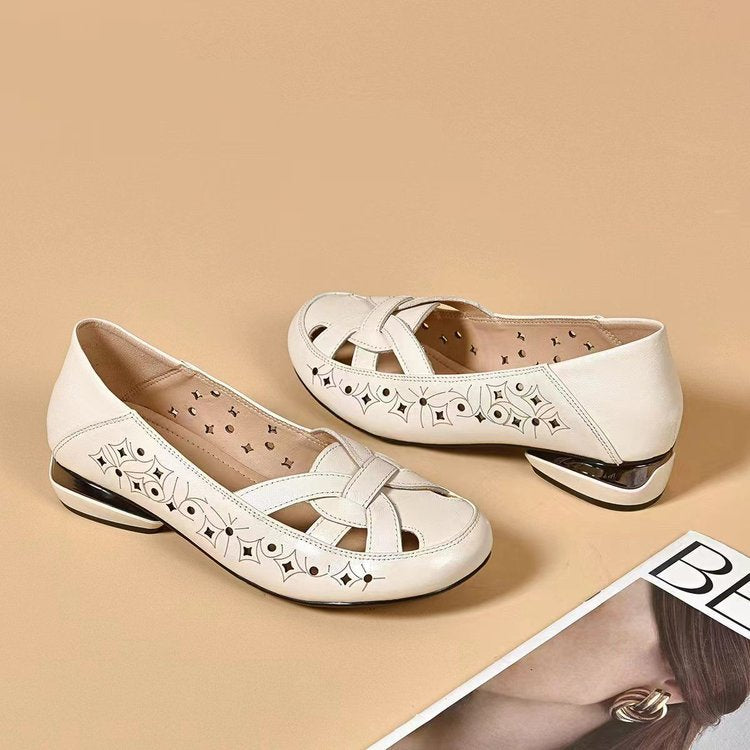 【35-40】 2025 νέα γυναικεία πέδιλα με στρογγυλή μύτη από γνήσιο δέρμα με μικρό τακούνι