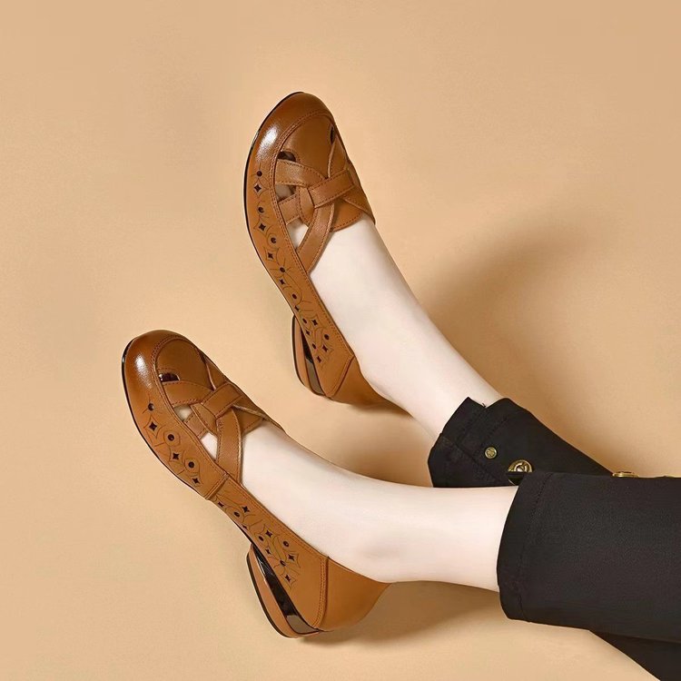 【35-40】 2025 νέα γυναικεία πέδιλα με στρογγυλή μύτη από γνήσιο δέρμα με μικρό τακούνι